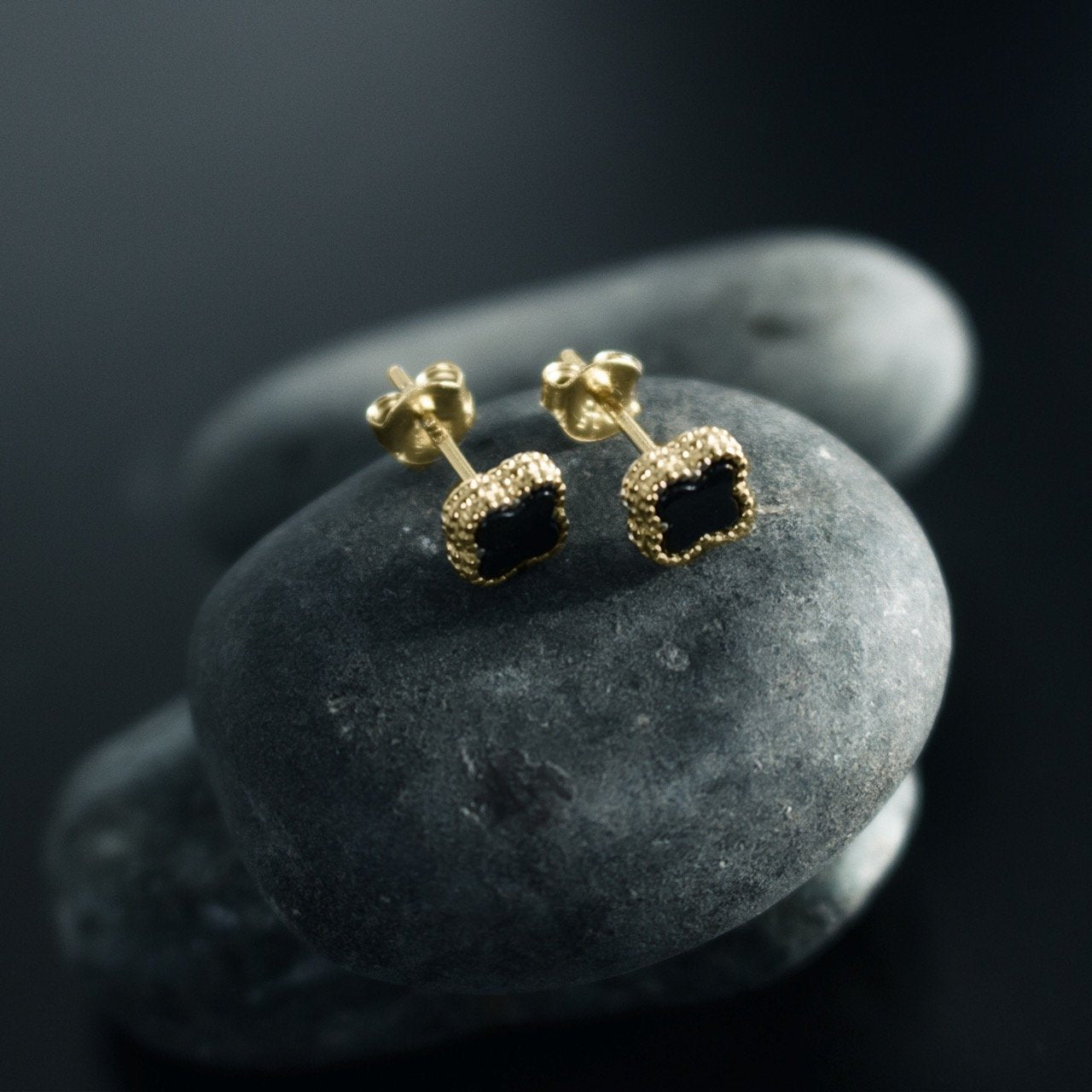 Black Agate Clover Studs