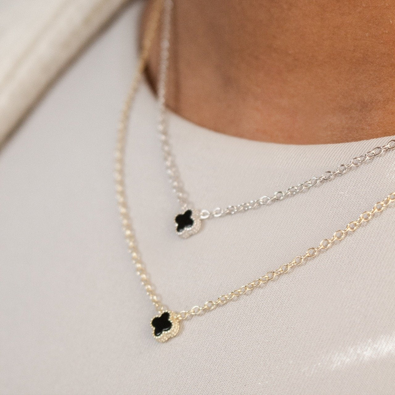 Mini Black Agate Clover Necklace