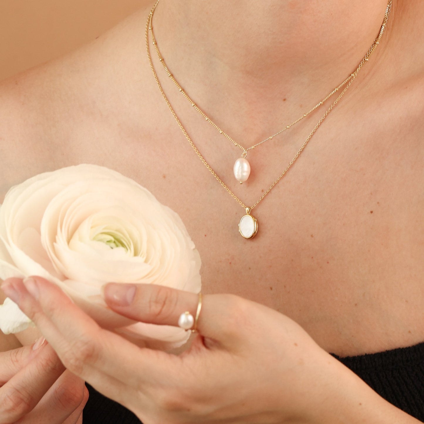 Reversible Pearl / Black Agate Locket Necklace