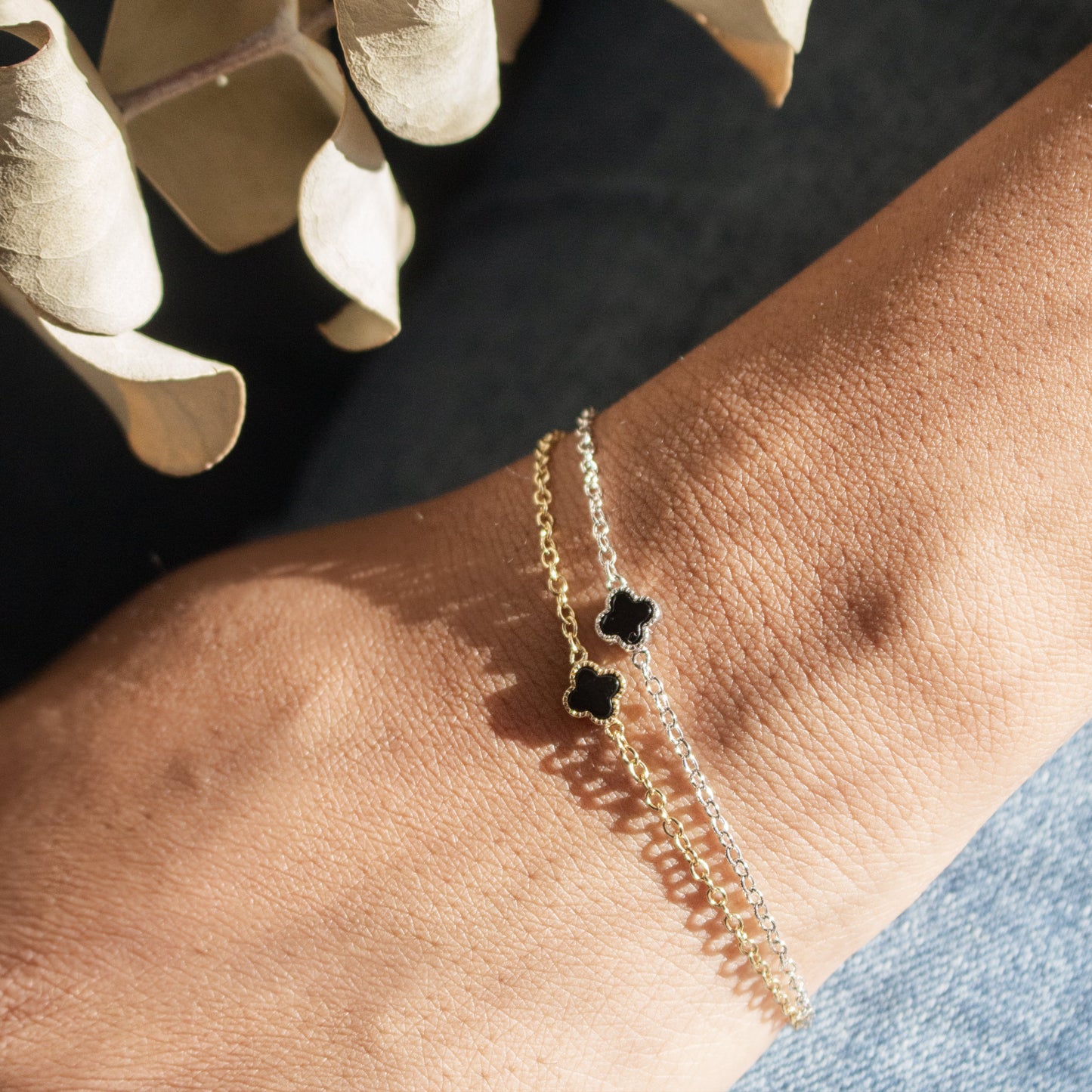 Mini Black Agate Clover Bracelet