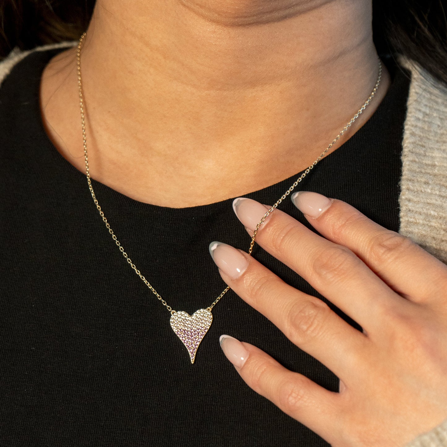 Large Pink Sparkly Ombre Heart Necklace