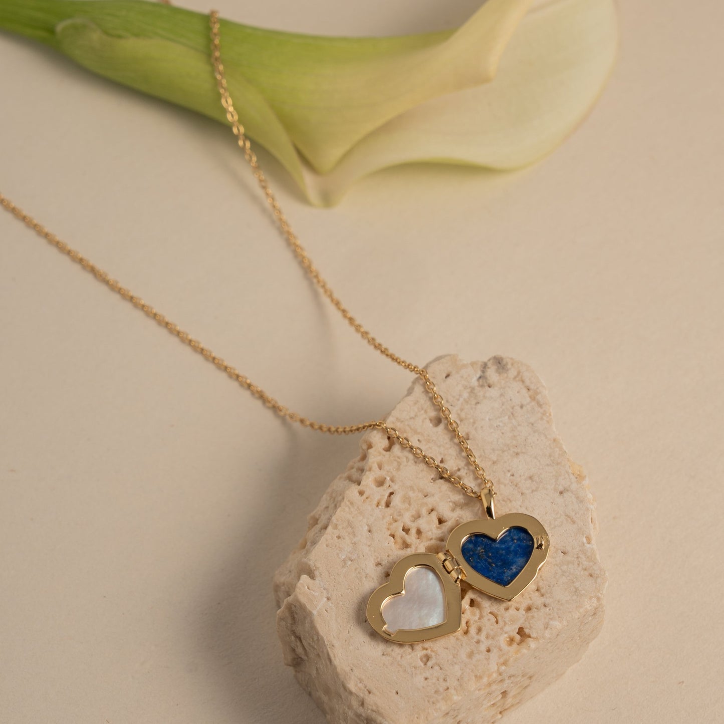 Reversible Heart Pearl / Blue Lapis Locket Necklace