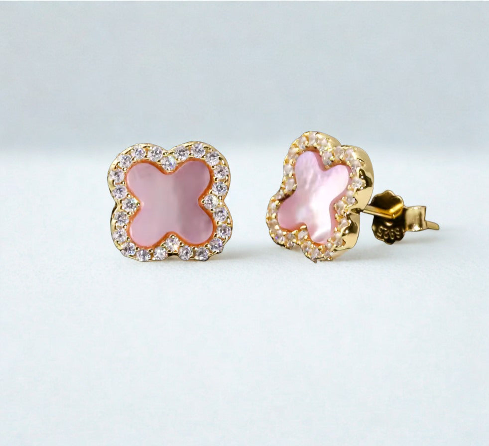 Sparkly Pearl Clover Studs