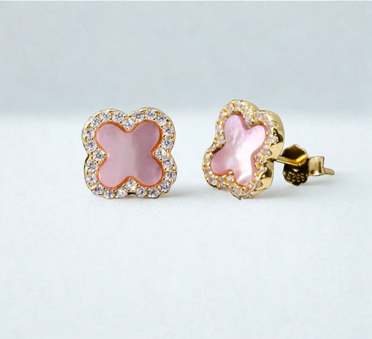 Sparkly Pearl Clover Studs